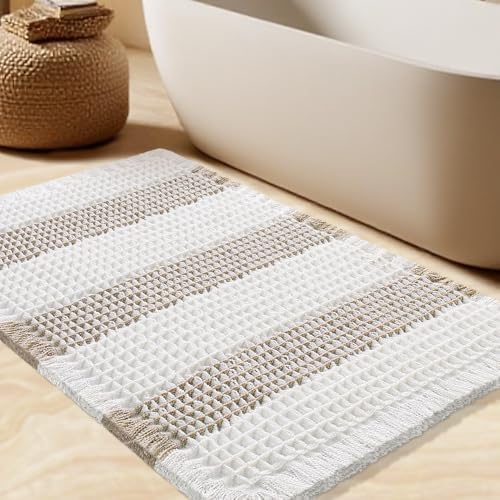 Upgrade Waffle Bath Mat, Boho Bathroom Rugs Absorbent Non Slip, Ultra Soft Bathroom Mat, Machine Washable Knit Bath Rugs with Stripe for Bathroom, Bedroom, Kitchen, Shower,Tub, 32"x20", Beige & White