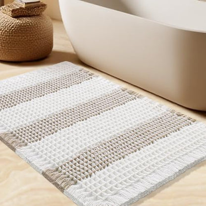 Upgrade Waffle Bath Mat, Boho Bathroom Rugs Absorbent Non Slip, Ultra Soft Bathroom Mat, Machine Washable Knit Bath Rugs with Stripe for Bathroom, Bedroom, Kitchen, Shower,Tub, 32"x20", Beige & White