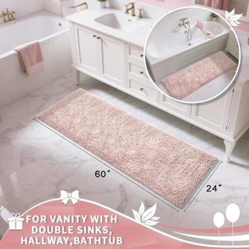 Yimobra Long Bathroom Rugs Runner 60x24 Inch, Extra Thick Soft Absorbent Chenille Bath Mat, Non Slip Machine Washable, Quick Dry Bath Rugs for Bathroom Floor, Tub and Shower, Pink