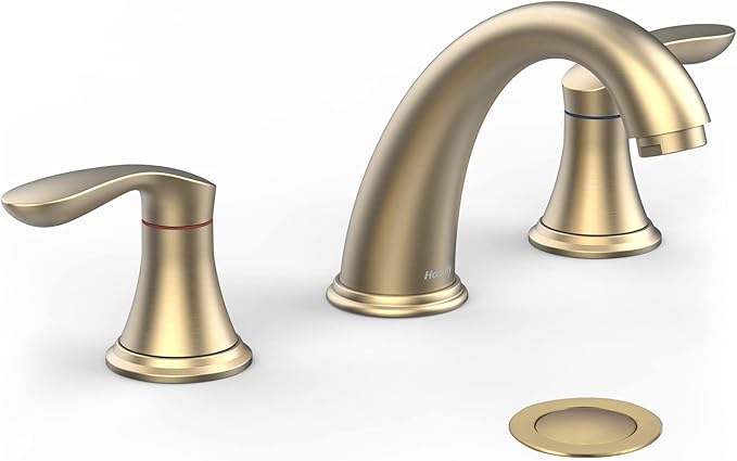 Bathroom Sink Faucet, Dual Handle Widespread Bathroom Faucet 3-Hole Design with Brushed Gold Finish, Includes Pop-Up Drain and cUPC Certified Lead-Free Hoses (Brushed Gold)