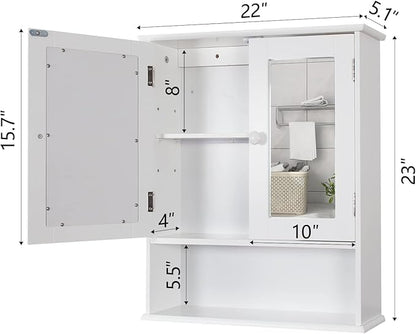 TaoHFE Medicine Cabinet, Medicine Cabinets for Bathroom with Mirror 2 Doors 3 Open Shelf, Bathroom Cabinet Wall Mounted Wooden Storage Over Toilet Laundry Room Kitchen