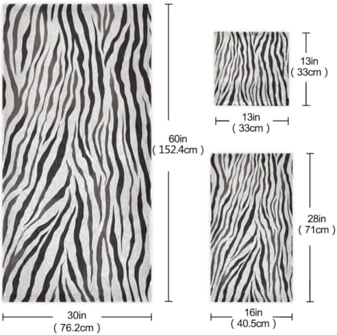 Naanle Trendy Simple Style Zebra Pattern Soft Decorative Set of 3 Towels, 1 Bath Towel+1 Hand Towel+1 Washcloth, Multipurpose for Bathroom, Hotel, Gym, Spa and Kitchen(Black White)