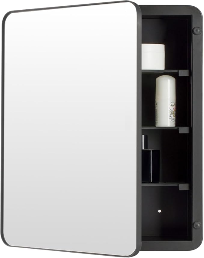 20’’x26’’ Medicine Cabinet,Metal Framed Medicine Cabinet Mirror with Round Corner,Recessed and Surface Mount Bathroom Mirror with Storage, Removeable Shelves,Dark Gray Frame
