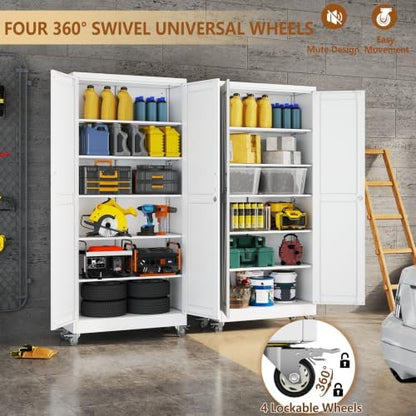 74" Metal Garage Storage Locker Cabinet with Wheels,Rolling White Farmhouse Kitchen Pantry Cabinet with 2 Doors and 5 Adjustable Shelves, Steel File Tool Cabinet for Home Office Warehouse