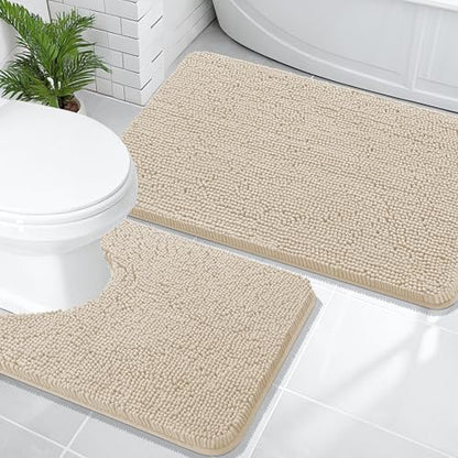 OLANLY Chenille Bathroom Rugs Mats Sets 2 Piece, 36"x24"+24"x20", Sand