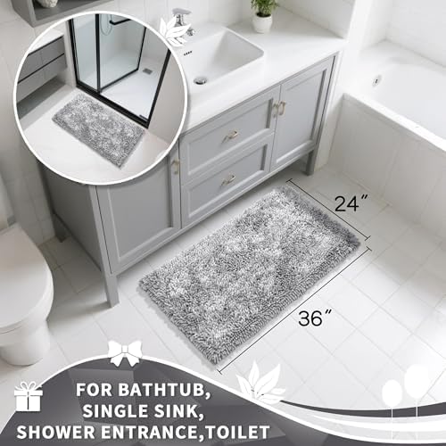 Yimobra Large Bathroom Rug Non Slip 36x24 Inch, Extra Thick Soft Absorbent Chenille Bath Mat, Machine Washable Bath Rugs for Bathroom Floor, Tub and Shower, Home Decor Accessories, Light Grey