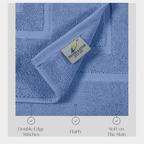 Feather & Stitch 2 Piece Towel Like Bath Mats (30x21 Inch) 100% Cotton Terry Bath Mats, Bathroom Shower Floor Mats [NOT A Bathroom Rug], Soft Absorbent Washable Mats - Faded Denim