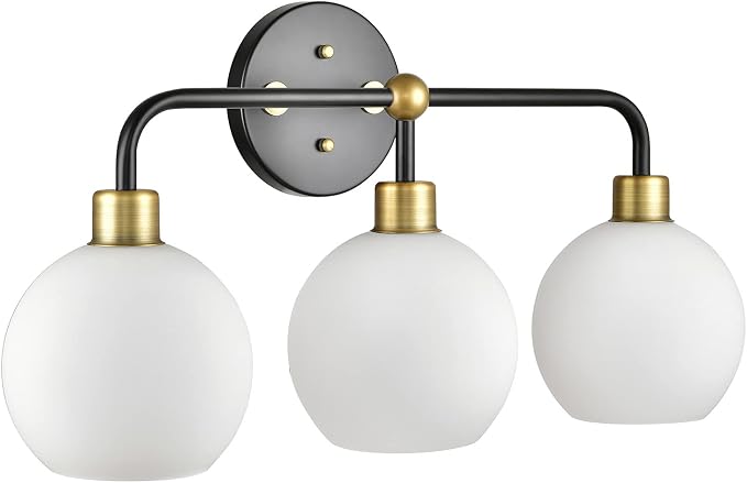 Lukasa Modern Bathroom Vanity Lights Fixtures 3-Lights Over Mirror Lighting Matte Black and Gold Vanity Lights for Bathroom Light Fixtures Frosted Glass Covers, UL Listed