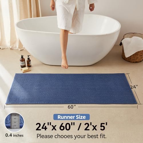 Triohero Bathroom Runner Rug, Long Bath Mat Washable Thin Quick Dry Low Pile Bathroom Runner Rugs 24 x 60 Non Slip, Denim Blue 24"x60"