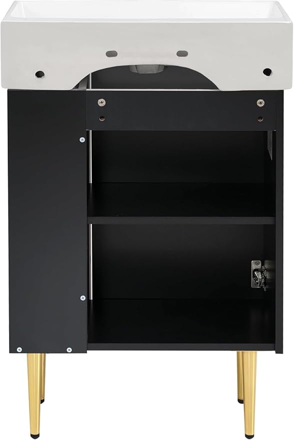 21.6 in Small Bathroom Vanity with Sink,Doors and Storage Shelves,Wood Modern Single Fluted Bathroom Sink Cabinet Freestanding (Black,Right Shelf)