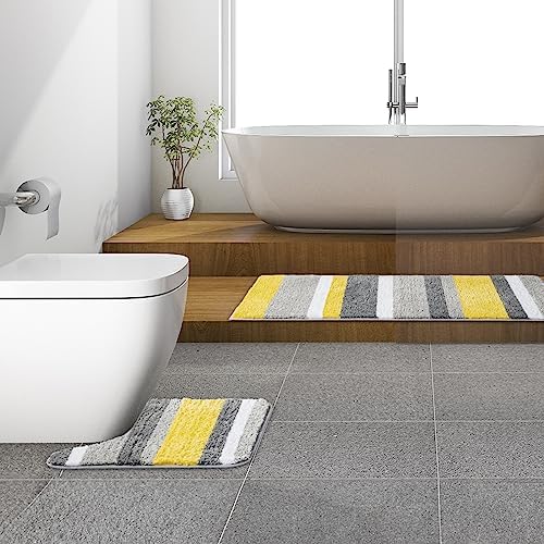 MIULEE Yellow Grey Bathroom Toilet Rugs U-Shaped, Soft Thick Microfiber Striped Contour Rugs, Non Slip Absorbent Fluffy Plush Machine Washble Quick Dry, 20x24 Inch