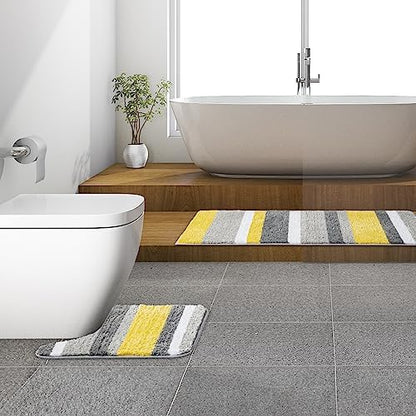 MIULEE Yellow Grey Bathroom Toilet Rugs U-Shaped, Soft Thick Microfiber Striped Contour Rugs, Non Slip Absorbent Fluffy Plush Machine Washble Quick Dry, 20x24 Inch