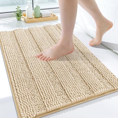 Grandaily Chenille Striped Bathroom Rugs 24x16, Extra Thick and Soft Absorbent Bath Mats, Rubber Backing, Plush Shaggy Shower Carpet, Machine Wash Dry, Bath Rug for Bathroom, Light Beige