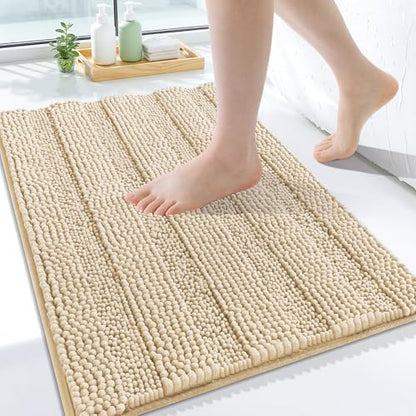 Grandaily Chenille Striped Bathroom Rugs 24x16, Extra Thick and Soft Absorbent Bath Mats, Rubber Backing, Plush Shaggy Shower Carpet, Machine Wash Dry, Bath Rug for Bathroom, Light Beige