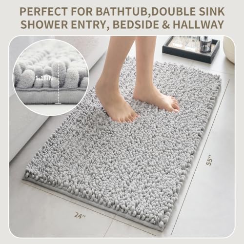 Bathroom Rugs Non Slip Washable 55x24, Extra Thick Soft Chenille Absorbent Bath Mat, High Density Barrier Non Slip Backing, Quick Dry Plush Shaggy Floor Carpet for Tub&Shower, Silver