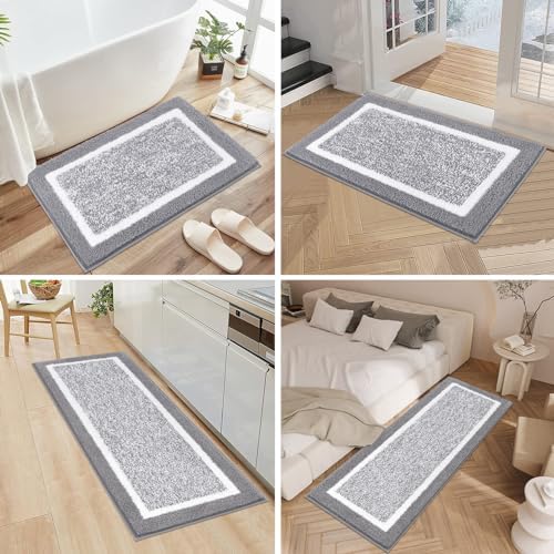 Pauwer Bathroom Rug Sets 3 Piece, Non Slip Washable Bath Mat, Light Grey