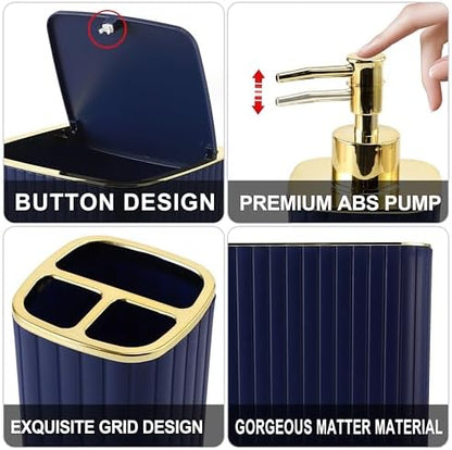 XLHOMO Bathroom Accessories Set - Gorgeous Bathroom Set, 10PC Navy Blue Bathroom Accessory Set, Toilet Brush, Trash Can, Qtip Holder & Soap Dispenser