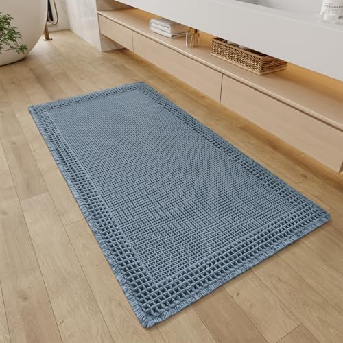 RESARE Waffle Bathroom Runner Rugs, Non Slip Boho Bath Mat 24"x48" Blue