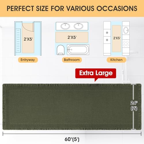 Extra Large Waffle Bath Mat, Boho Woven Modern Bath Rug Absorbent Non Slip, Ultra Soft Bathroom Mats, Machine Washable Knit Bath Rugs with Border for Bathroom, Bedroom, Kitchen, Tub, 5'x2', Dark Green