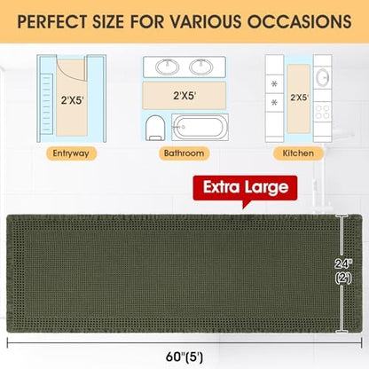 Extra Large Waffle Bath Mat, Boho Woven Modern Bath Rug Absorbent Non Slip, Ultra Soft Bathroom Mats, Machine Washable Knit Bath Rugs with Border for Bathroom, Bedroom, Kitchen, Tub, 5'x2', Dark Green