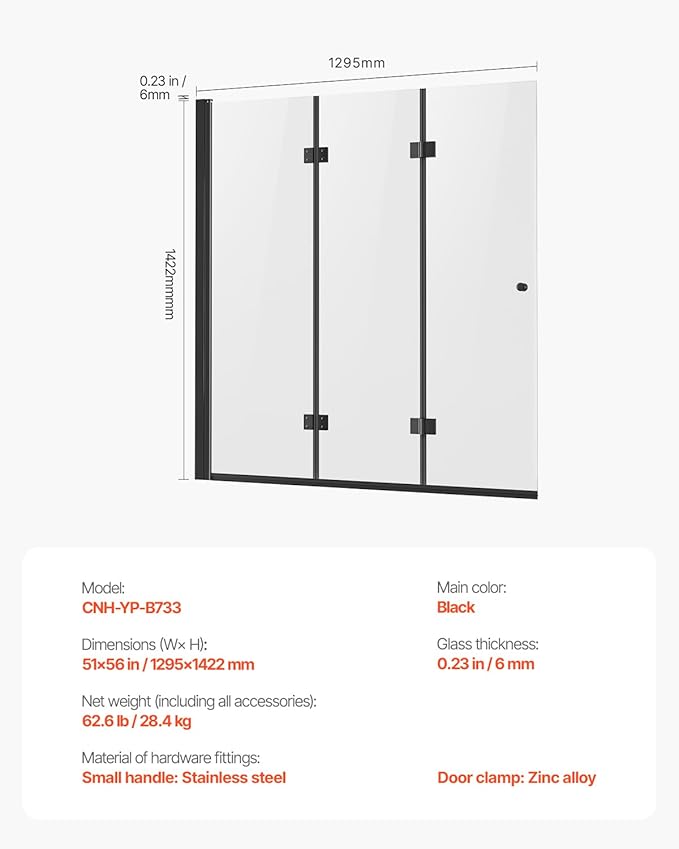 VEVOR Bathtub Shower Door, 51" W x 56" H, Frameless Foldable Hinged Shower Door, Tri-Fold Shower Glass Door with 1/4 in Tempered Glass Door, 180°Rotating and Folding Design, for Bathtub, Black