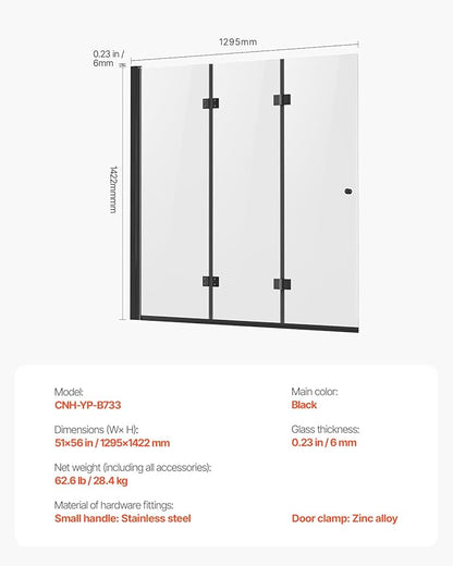 VEVOR Bathtub Shower Door, 51" W x 56" H, Frameless Foldable Hinged Shower Door, Tri-Fold Shower Glass Door with 1/4 in Tempered Glass Door, 180°Rotating and Folding Design, for Bathtub, Black