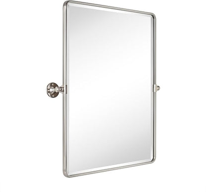 Farmhouse Pivot Rectangle Bathroom Mirror Brushed Nickel Metal Framed Tilting Beveled Vanity Mirrors for Wall, Overall 27.91x 30 inches (Mirrror 24 x 30 inches)