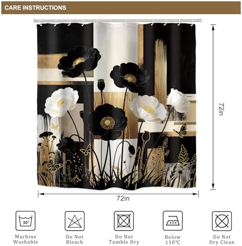 Abstract Floral Black Gold Peony 4Pcs Bathroom Shower Curtain Set with Rugs