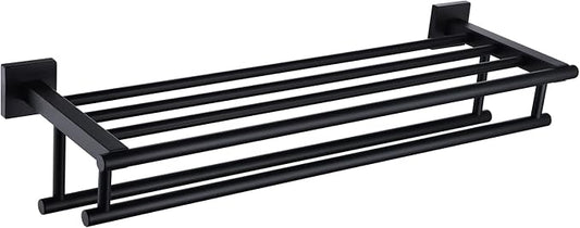 KOKOSIRI Bath Towel Rack with Double Towel Bars Bathroom Towel Shelf 24 Inch Towel Holder Wall Mounted Stainless Steel, Matte Black, B6005BK-L24
