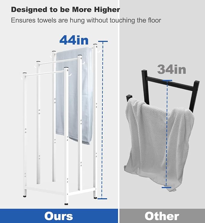 44 Inch Tall Free Standing Towel Rack, White | 3 Tiers Heavy Duty Blanket Drying Stand Holder with Metal Storage Shelf & 6 Hooks for Bathroom, Pool, Bedroom, Living Room