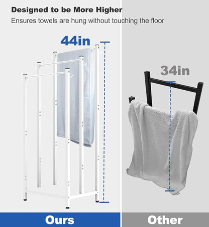 44 Inch Tall Free Standing Towel Rack, White | 3 Tiers Heavy Duty Blanket Drying Stand Holder with Metal Storage Shelf & 6 Hooks for Bathroom, Pool, Bedroom, Living Room