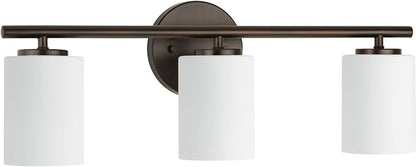 Progress Lighting Replay Collection 3 Light Bathroom Vanity Light, Modern Bath Lighting Fixture with Etched White Glass Shades for Over the Mirror, Reversible Mounting, Antique Bronze
