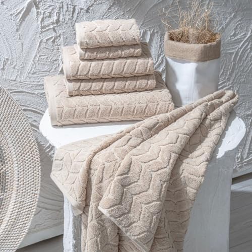 BAGNO MILANO Turkish Cotton Bath Towels, Hand Towels - Soft Plush Jacquard Collection - Highly Absorbent Towel Set (Sand Beige, 6 pcs Towel Set)