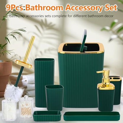 9 PCS DarkGreen Bathroom Accessories Set with Trash Can Bathroom Accessory