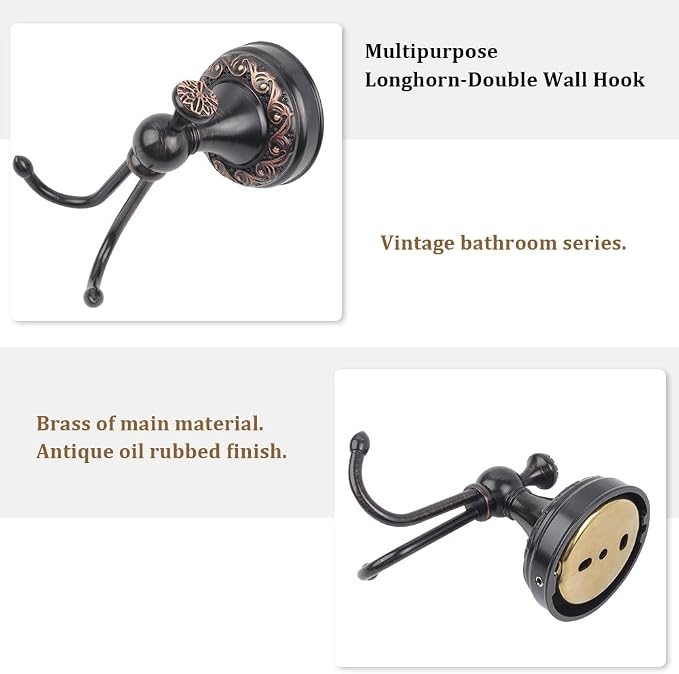 Black Antique Brass Towel Hook, Wall Mounted Bathroom Copper Double Hook for Clothing & Robe Hanger, Screws Install Shower Wall Hook