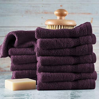 Hearth & Harbor Washcloths 12 Pack - 100% Cotton Washcloth for Body and face, High Absorbent and Soft 13"x13" Body Wash Cloth, Quick Dry - Purple Washcloths