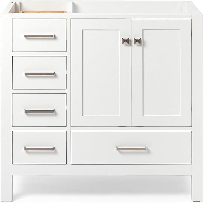 ARIEL Cambridge 36-inch Bathroom Vanity Base Cabinet,Solid Wood, 2 Soft Closing Doors, 5 Dovetail Drawers, White
