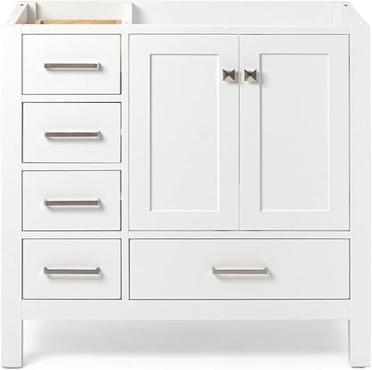 ARIEL Cambridge 36-inch Bathroom Vanity Base Cabinet,Solid Wood, 2 Soft Closing Doors, 5 Dovetail Drawers, White