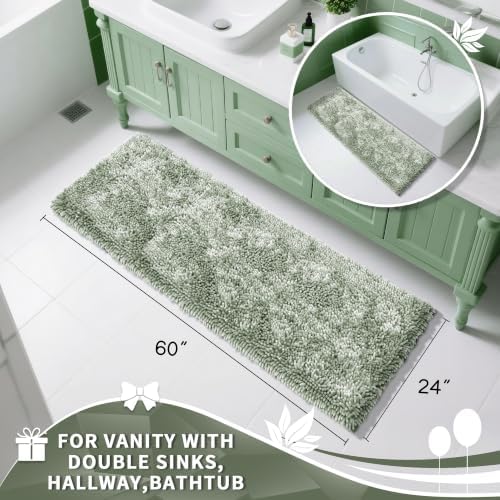 Yimobra Long Bathroom Rugs Runner 60x24 Inch, Extra Thick Soft Absorbent Chenille Bath Mat, Non Slip Machine Washable, Quick Dry Bath Rugs for Bathroom Floor, Tub and Shower, Sage Green