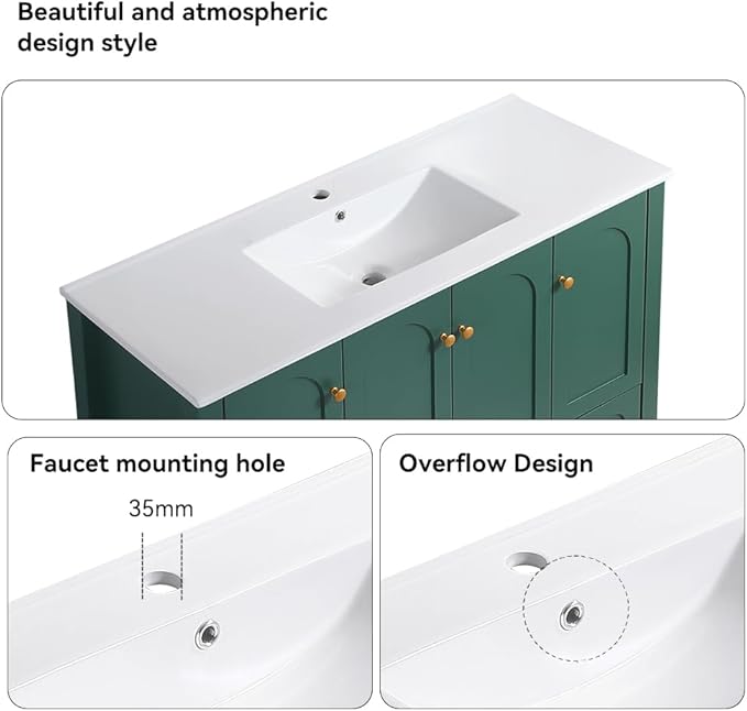 LZ LEISURE ZONE 48" Bathroom Vanity with Ceramic Sink Combo, Abundant Cabinet -4 Soft Close Doors and 2 Drawers, Green
