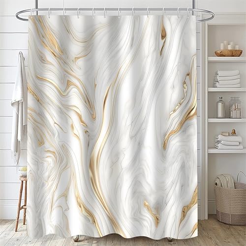 Nkzply 4Pcs White and Gold Marble Shower Curtain Set Bathroom Set with Rugs
