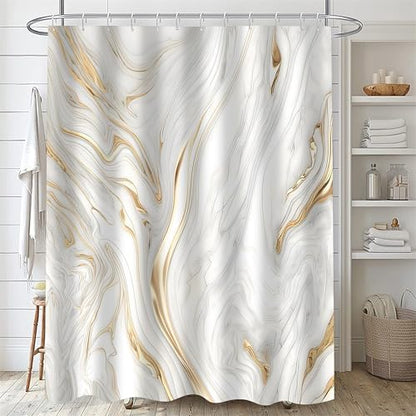 Nkzply 4Pcs White and Gold Marble Shower Curtain Set Bathroom Set with Rugs