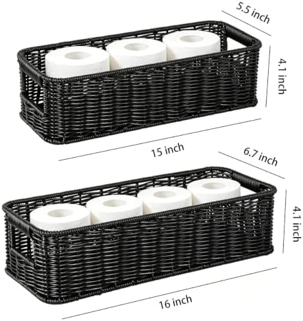 2pcs Toilet Paper Basket Black Handwoven Wicker Shelf Storage Basket