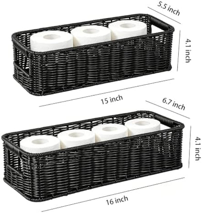 2pcs Toilet Paper Basket Black Handwoven Wicker Shelf Storage Basket