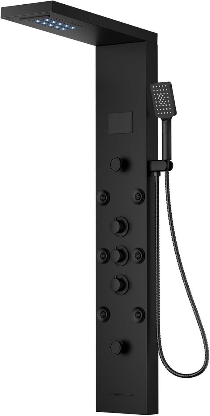 Black Shower Panel Tower System Stainless Steel LED Rainfall Waterfall Shower Head 5-Function Faucet Rain Massage System Wall Mount with 8 Body Jets, Handheld, and Tub Spout