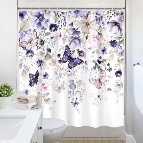 Purple Floral Butterfly Summer Spring Plant Bathroom Shower Curtain Set