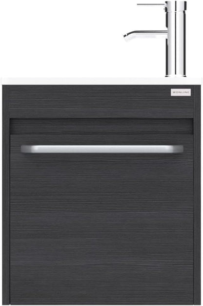 wonline 16” Bathroom Vanity Sink Combo for Small Space Black Wall Mounted Cabinet Set Design White Resin Basin Sink Top Chrome Faucet