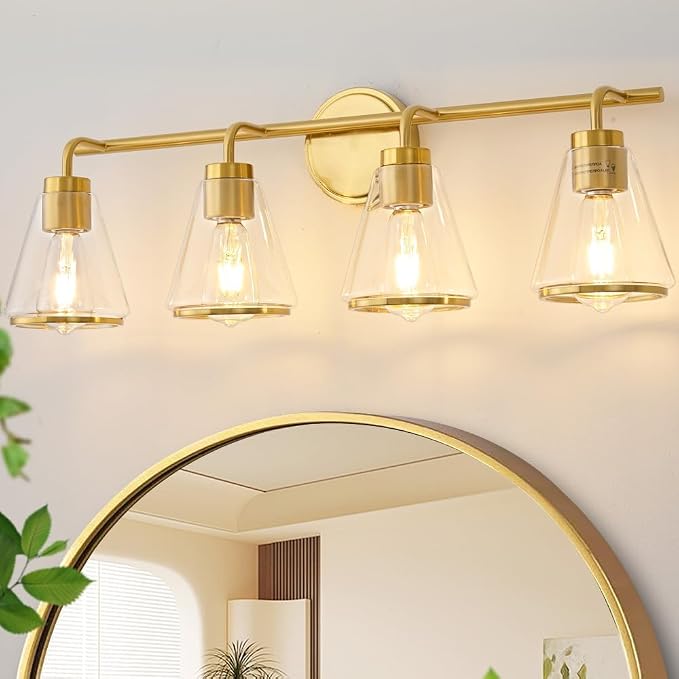 30" 4-Light Brushed Gold Modern Bathroom Vanity Light Fixtures Over Mirror | Clear Glass Shade, Heat-Resistant Ceramic E26 Socket, Wall Sconces, Rustproof, Fit 32–40 Inch Mirrors for Vanity Table