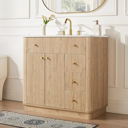 T4TREAM 72" Fluted Bathroom Vanity with 2 Single Sinks, Natural Oak
