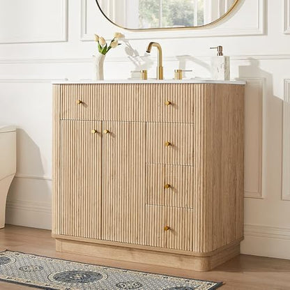 T4TREAM 72" Fluted Bathroom Vanity with 2 Single Sinks, Natural Oak